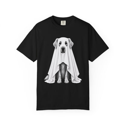 A black short-sleeve crewneck t-shirt featuring a graphic print of a dog sitting underneath a white ghost, displayed on a solid white background.