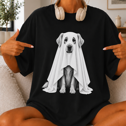 Golden Retriver With sheet over head looking like a Ghost- Comfort Colors Black Shirt