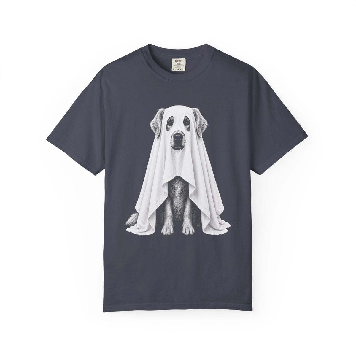 A dark gray crewneck t-shirt featuring a graphic print of a dog sitting underneath a white ghost, displayed on a clean white background.