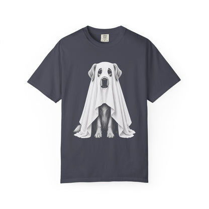 A dark gray crewneck t-shirt featuring a graphic print of a dog sitting underneath a white ghost, displayed on a clean white background.