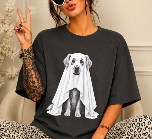 ghost golden retriever on pepper comfort colors shirt
