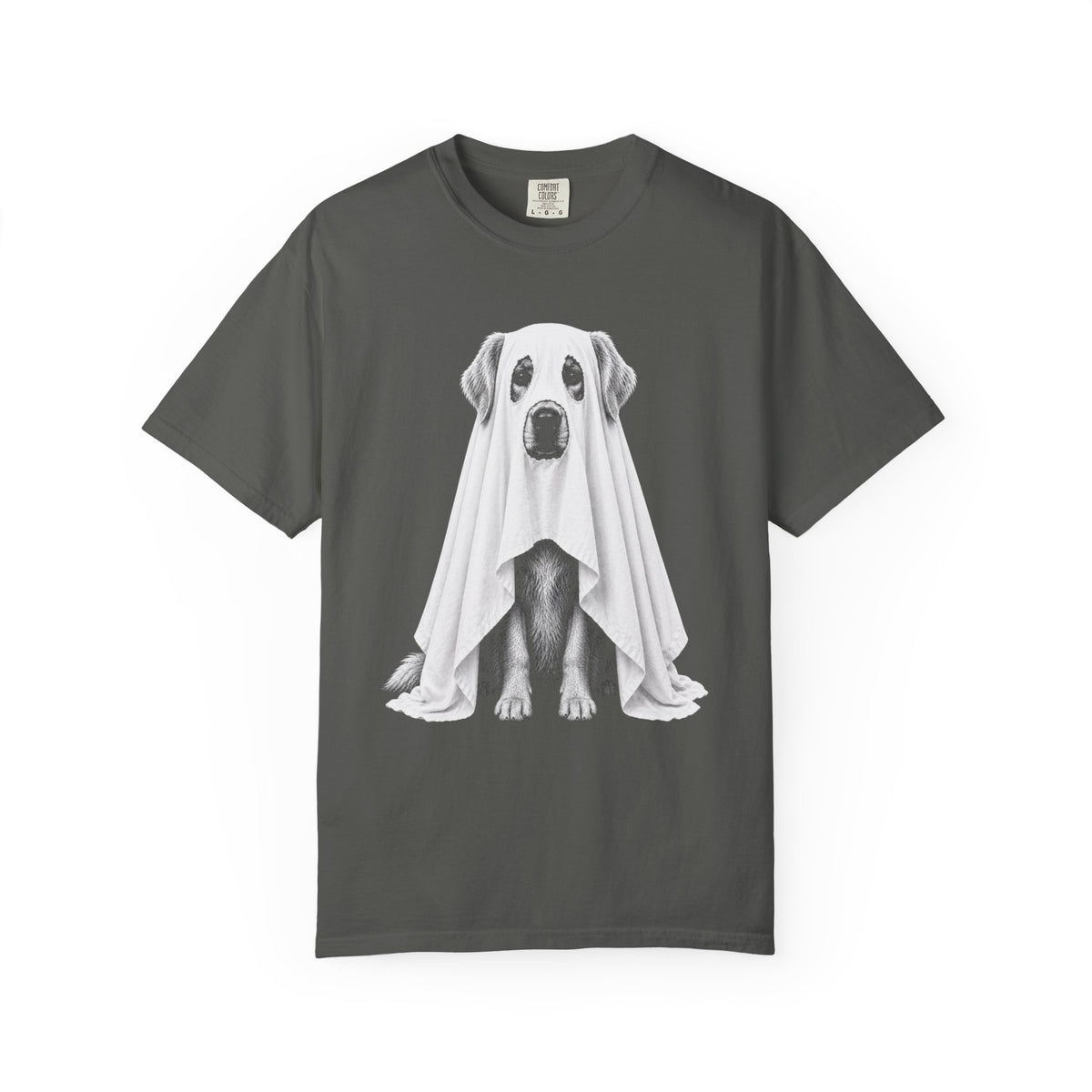 A dark gray crewneck t-shirt featuring a graphic print of a dog sitting underneath a white ghost, displayed on a clean white background.