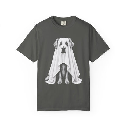 A dark gray crewneck t-shirt featuring a graphic print of a dog sitting underneath a white ghost, displayed on a clean white background.