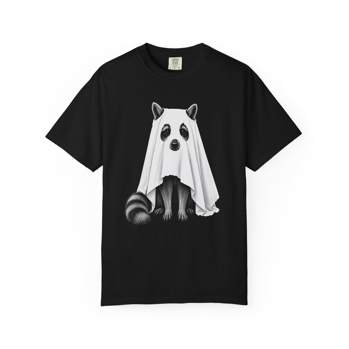 A black short-sleeve crewneck t-shirt featuring a graphic print of a raccoon wearing a white ghost costume, shown against a plain white background.