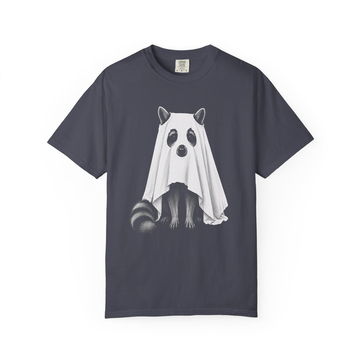 A dark gray crewneck t-shirt featuring a graphic of a raccoon dressed in a white ghost costume, shown against a plain white background.