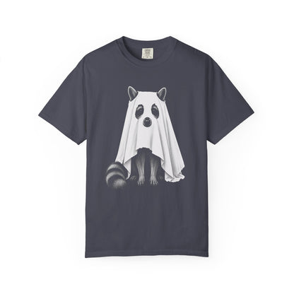 A dark gray crewneck t-shirt featuring a graphic of a raccoon dressed in a white ghost costume, shown against a plain white background.