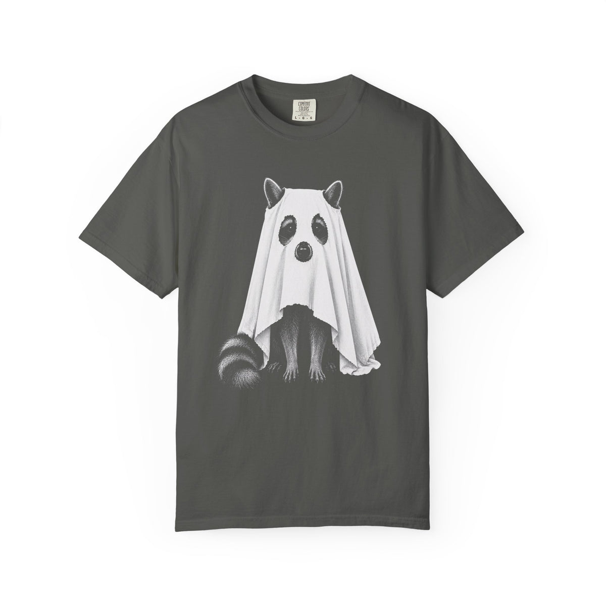 A dark gray crewneck t-shirt featuring a graphic of a raccoon dressed in a white ghost costume, shown against a plain white background.