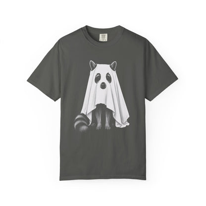 A dark gray crewneck t-shirt featuring a graphic of a raccoon dressed in a white ghost costume, shown against a plain white background.