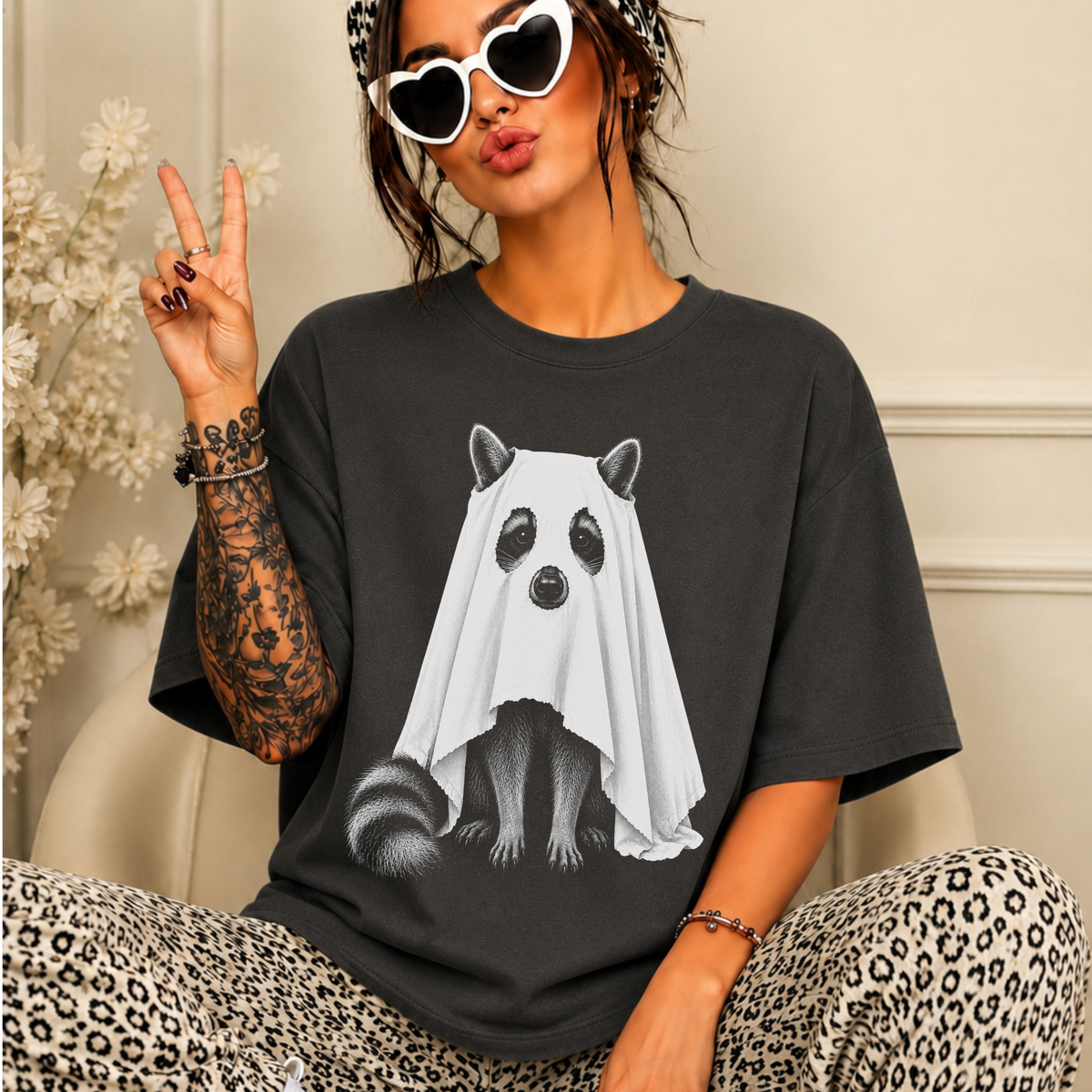 A woman wearing a dark charcoal gray graphic t-shirt with a black and white ghost-raccoon print, styled with leopard-print pants, white heart-shaped sunglasses, and a headband.