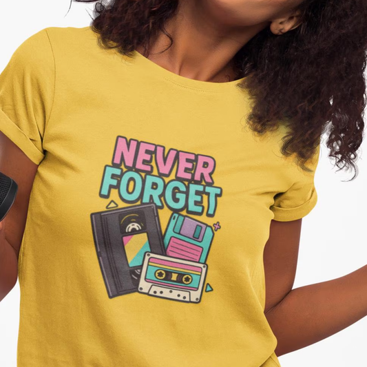 Vintage Tech 'Never Forget' T-Shirt — Retro Cassette, Floppy & Tape Design