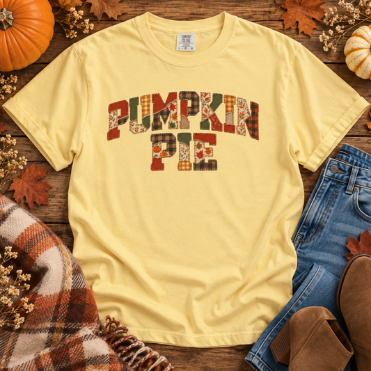 Yellow comfort colors shirt, Faux Patchwork Pumpkin Pie lettering on chest.