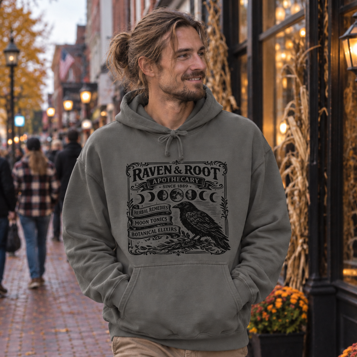 Raven & Root Hoodie from Comfort Colors. Color Grey.