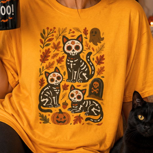 Sugar Skull Cat Shirt - Halloween Dia De Los Muertos Cat Mom Tee