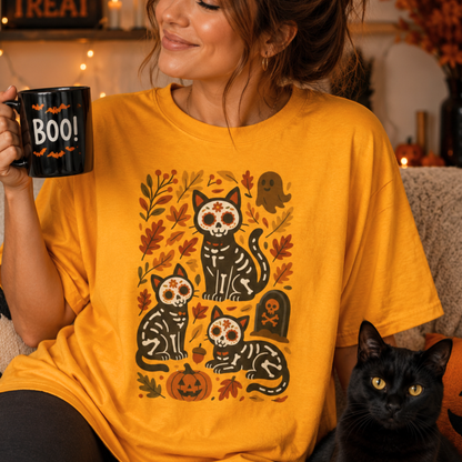 Sugar Skull Cat Shirt - Halloween Dia De Los Muertos Cat Mom Tee