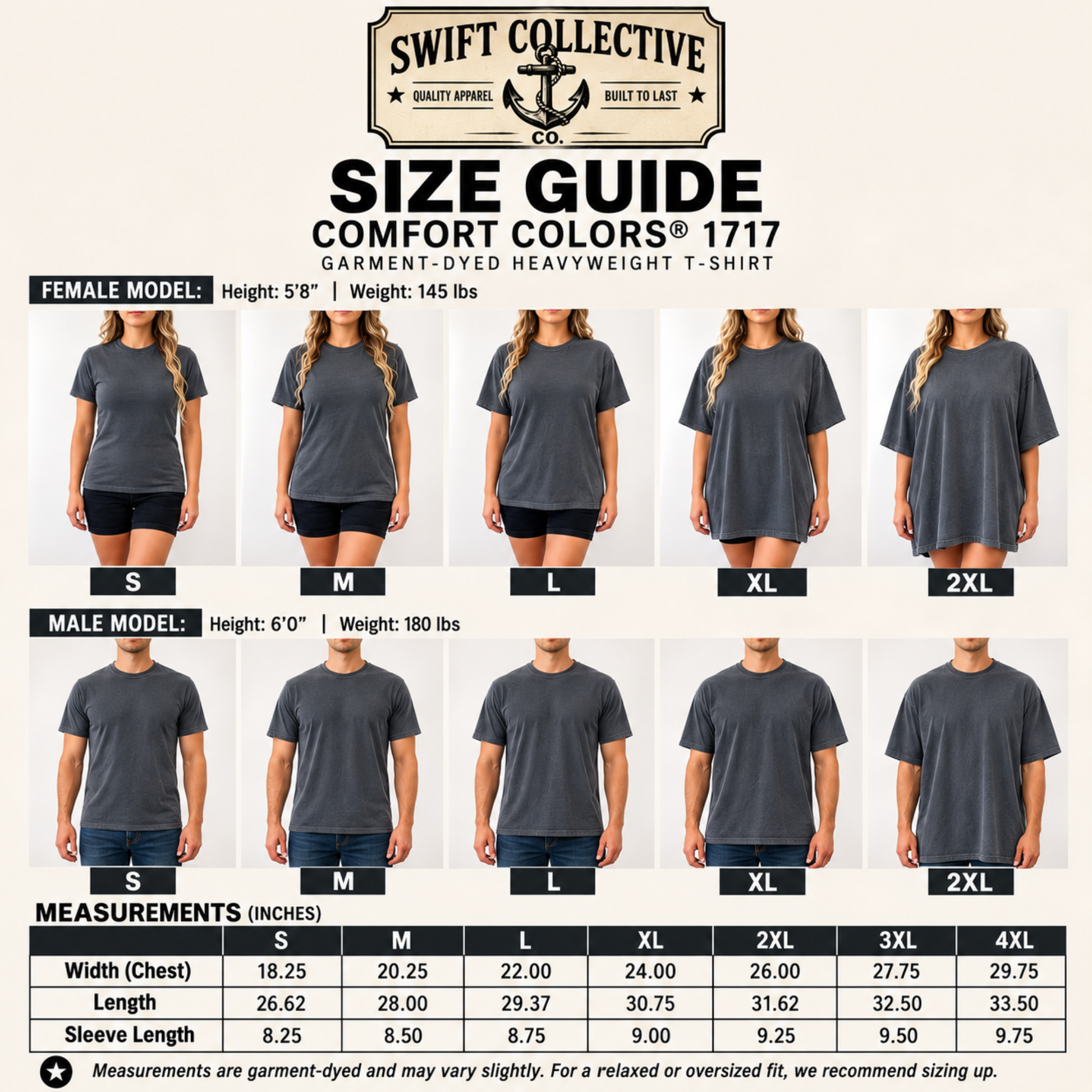 Swift Collective Comfort Colors 1717 size guide chart showing female and male models wearing dark gray t-shirts from S to 2XL, with measurements table at the bottom.