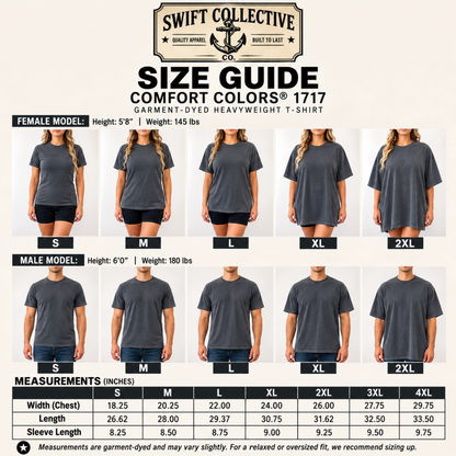 Swift Collective Comfort Colors 1717 size guide chart showing female and male models wearing dark gray t-shirts from S to 2XL, with measurements table at the bottom.