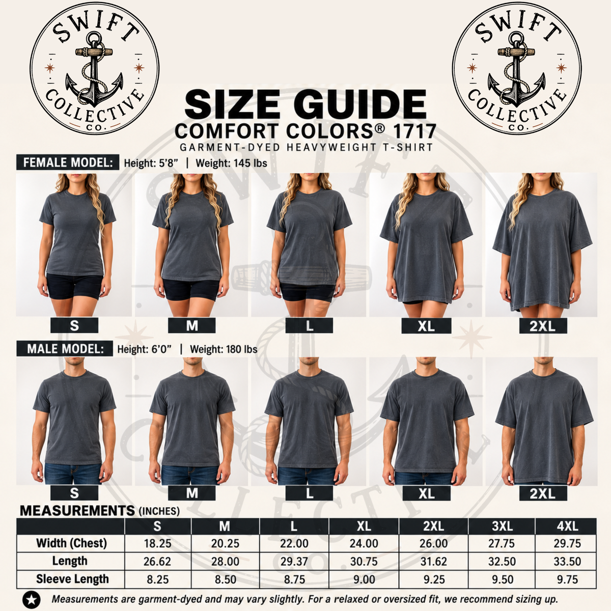 A size guide infographic for Swift Collective Comfort Colors 1717 garment-dyed heavyweight T-shirt. The graphic features size charts and measurements for both female and male models from S to 4XL, with a measurement table at the bottom.