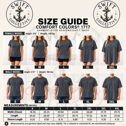 A size guide infographic for Swift Collective Comfort Colors 1717 garment-dyed heavyweight T-shirt. The graphic features size charts and measurements for both female and male models from S to 4XL, with a measurement table at the bottom.