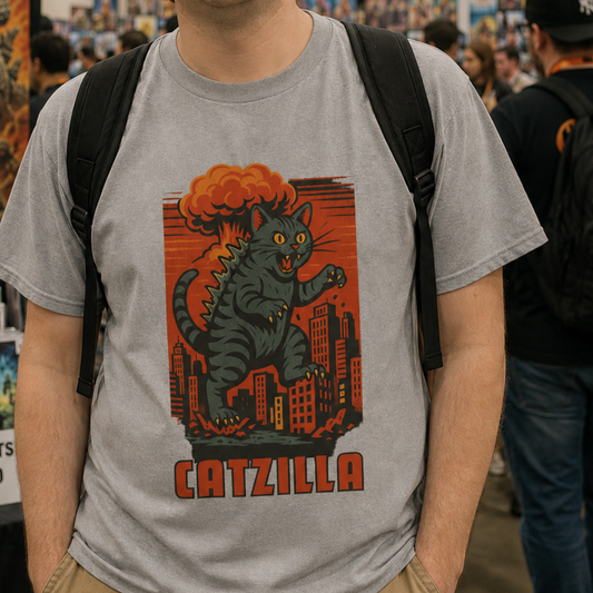 A person wearing a heather gray t-shirt with a retro-style graphic of a monster cat labeled 'CATZILLA' in orange and black, photographed at what appears to be a convention or public event.