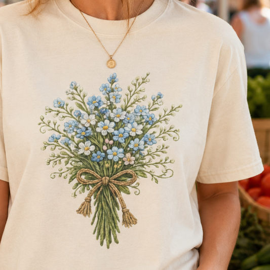 Forget Me Not Faux Embroidered Shirt, Crochet Style Floral Tee