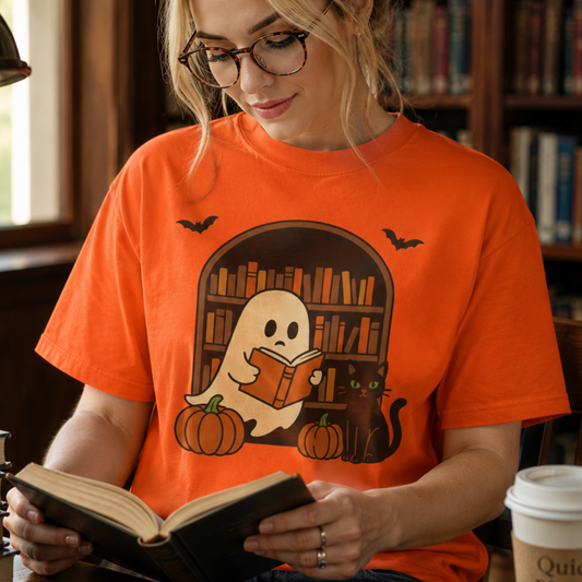 A woman wearing a bright orange graphic t-shirt sits in a library setting, reading a book. The t-shirt features a cartoon graphic of a white ghost reading in a bookshelf arch, with pumpkins, a black cat, and bats.