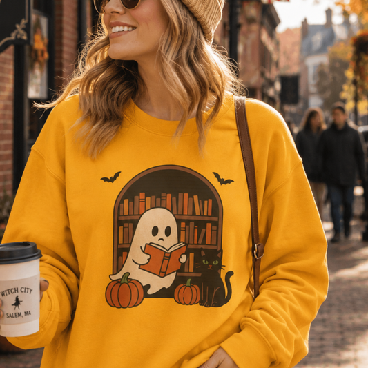 A woman wearing a bright yellow crewneck sweatshirt with a Halloween graphic of a ghost reading a book in a library, accompanied by pumpkins, a black cat, and bats. She is holding a coffee cup on a cobblestone street.
