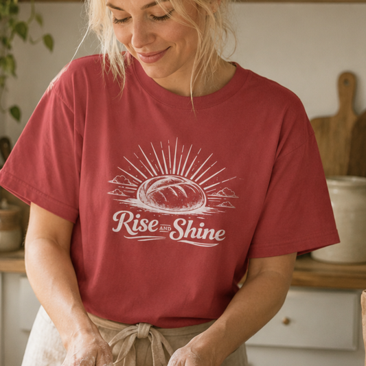 A woman wearing a red graphic t-shirt with a white print of a loaf of bread and the words 'Rise and Shine' in a rustic kitchen setting.