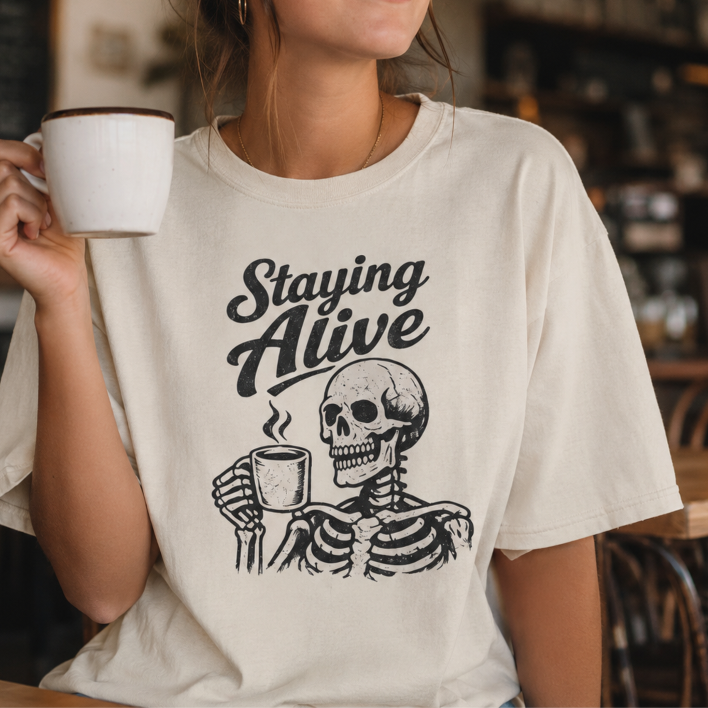 Staying Alive Skeleton Coffee T-Shirt | Skull with Mug Tee