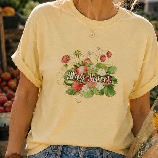 A person wearing a pale yellow short-sleeve T-shirt with a strawberry and flower graphic and the words 'Stay Sweet' across the chest, paired with blue jeans in an outdoor market setting.