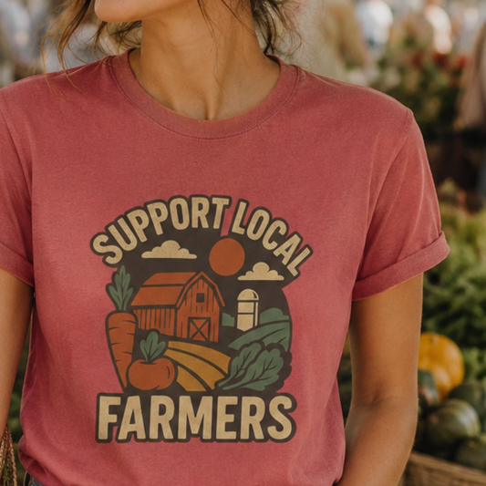 Support Local Farmers T-Shirt — Vintage Farm Illustration Tee for Agri-Lovers & Farmers Market Fans